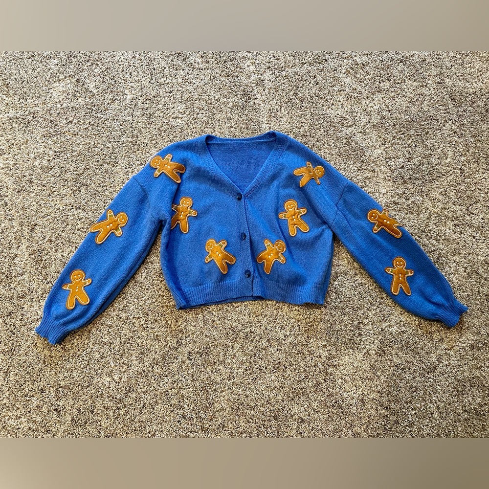 Festive & Fun: Gingerbread Man Cropped Cardigan in Blue